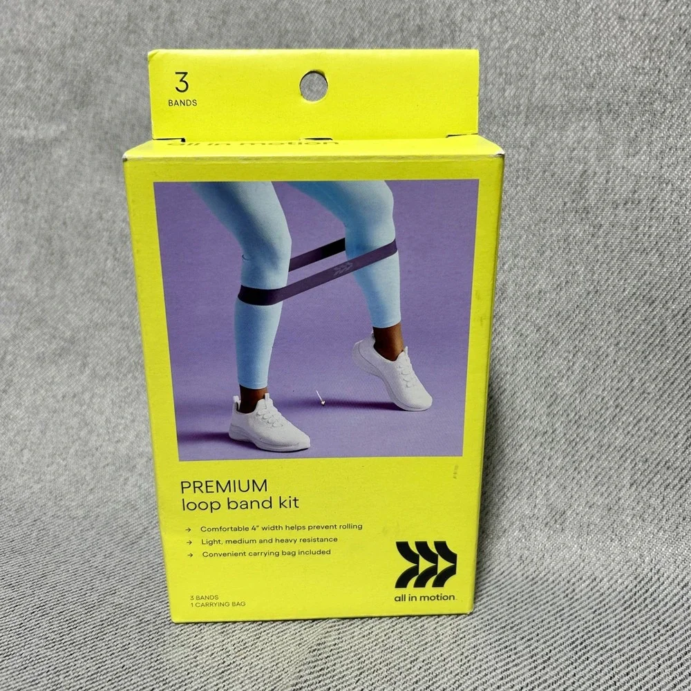 All in Motion Premium Loop Band Kit OS Yellow 3 Resistance Levels Carrying Bag